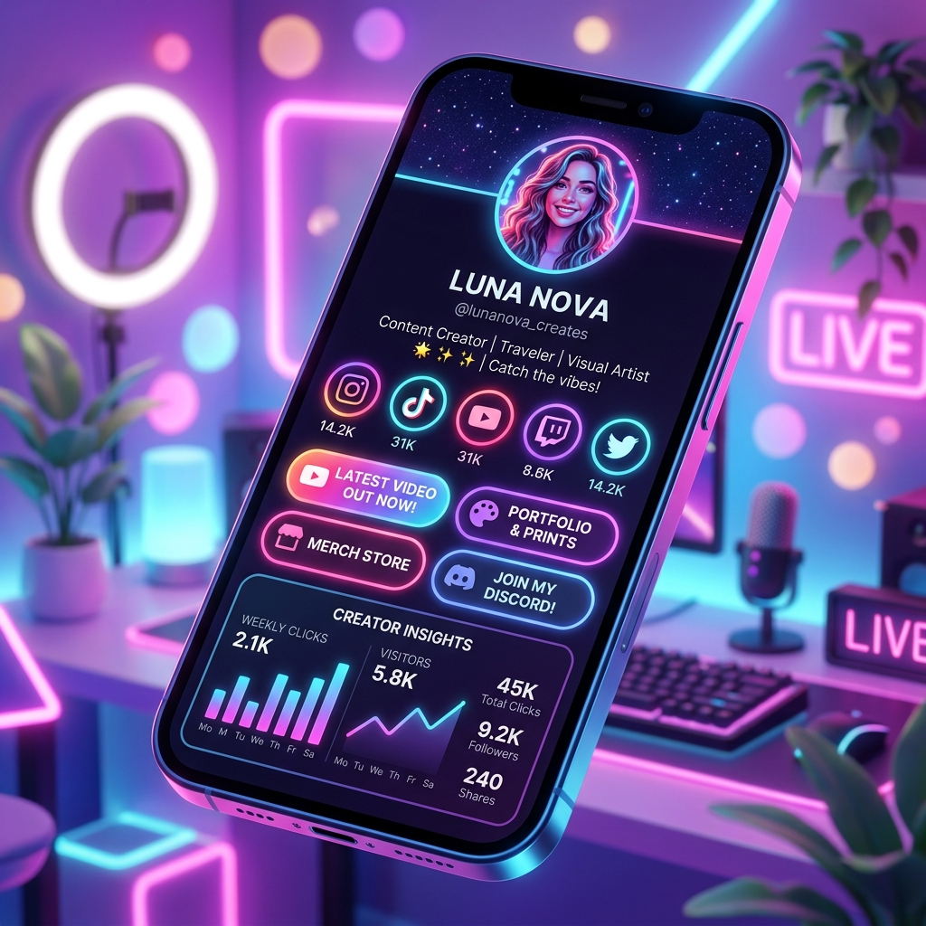Diseño de interfaz Bio Link profesional para creadores de contenido en smartphones