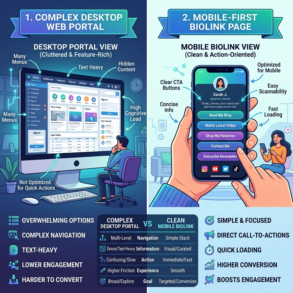 AI-generated realistic and professional blog cover illustration for 'Link in Bio vs Website: Which One Is Better for Your Brand?'