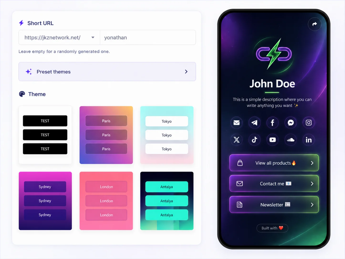 Screenshot of the app biolink editing page